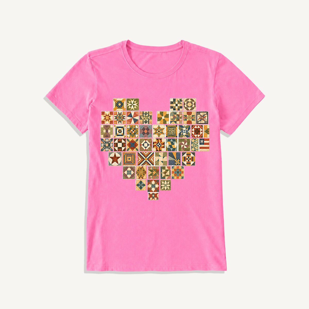 Vintage Quilt Block Heart Print Crew Neck Cotton Tee