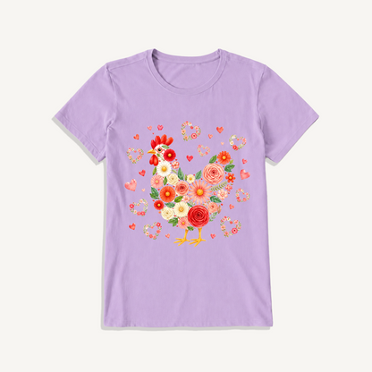 Blooms Floral Chicken Print Crew Neck Cotton Tee