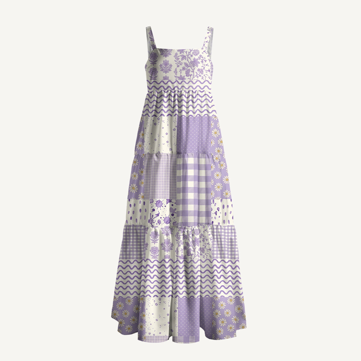 Lavender Field Patchwork Print Wide Straps Maxi Dress With Pockets