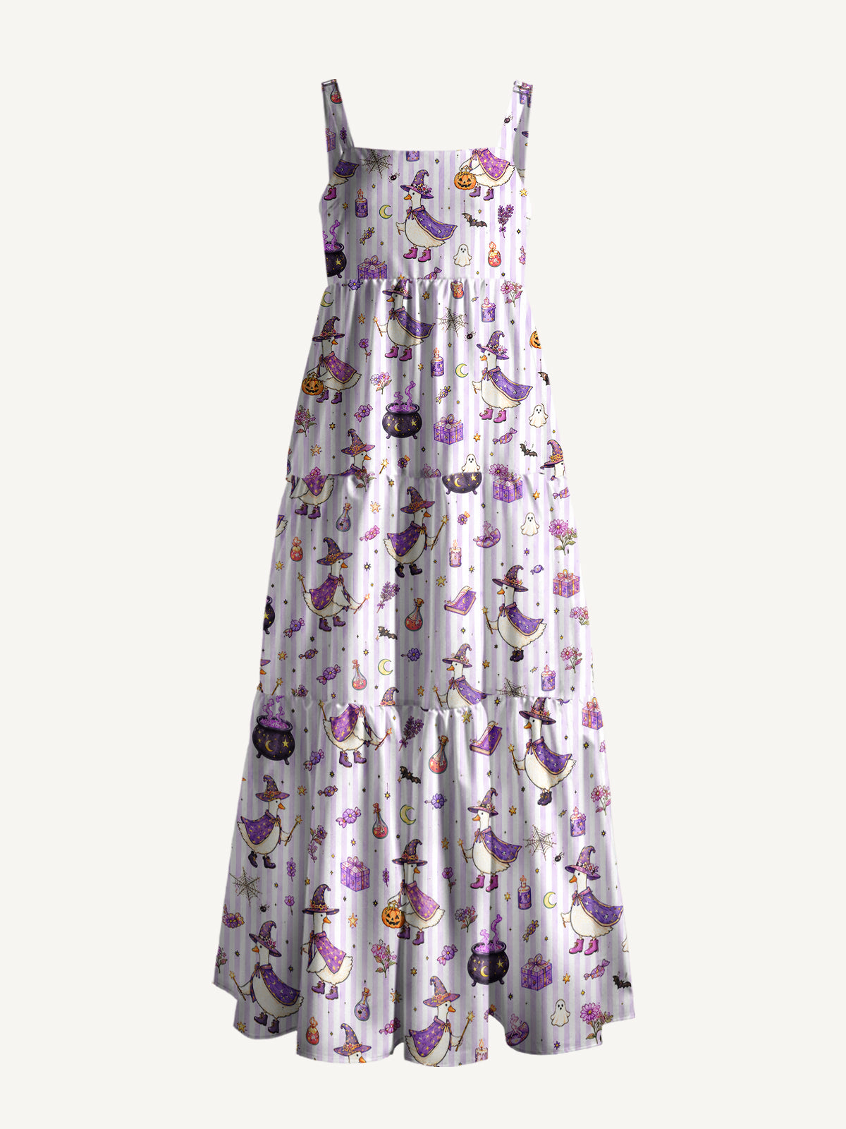 Halloween Witch Gooses Print Wide Straps Maxi Dress With Pockets