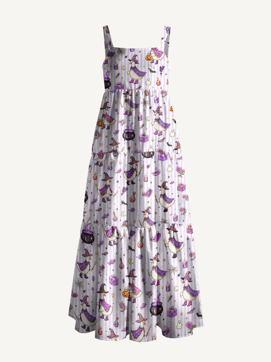 Halloween Witch Gooses Print Wide Straps Maxi Dress With Pockets