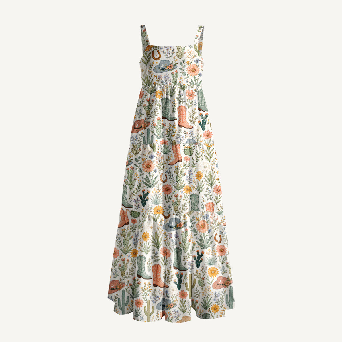 Western Desert Cactus Cowboy Boots Print Wide Straps Maxi Dress With Pockets