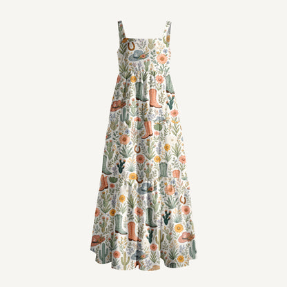 Western Desert Cactus Cowboy Boots Print Wide Straps Maxi Dress With Pockets