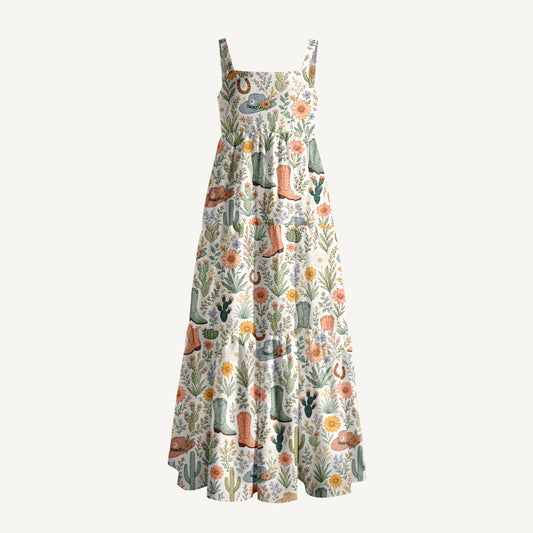 Western Desert Cactus Cowboy Boots Print Wide Straps Maxi Dress With Pockets