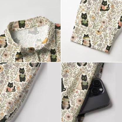 V Neck Collared Books Blooms and Black Cats Print Mini Dress For Women With Pockets