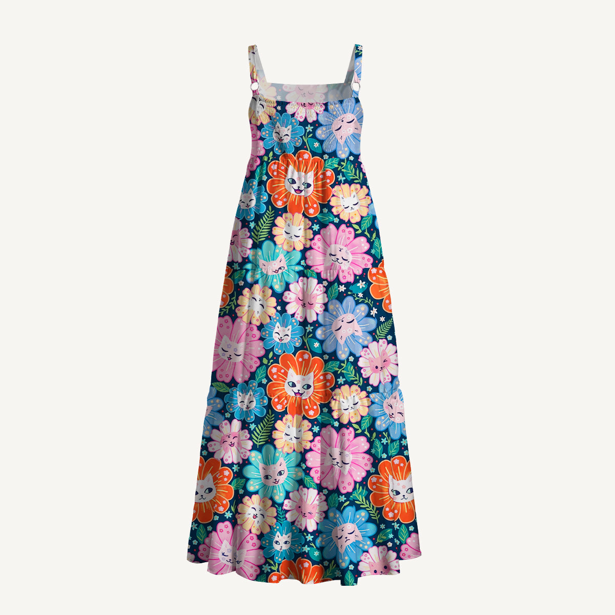 Blooming Kitty Garden Print Wide Straps Maxi Dress With Pockets