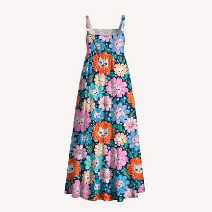 Blooming Kitty Garden Print Wide Straps Maxi Dress With Pockets