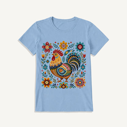 Folk Art Rooster Embroidery Print Crew Neck Cotton Tee