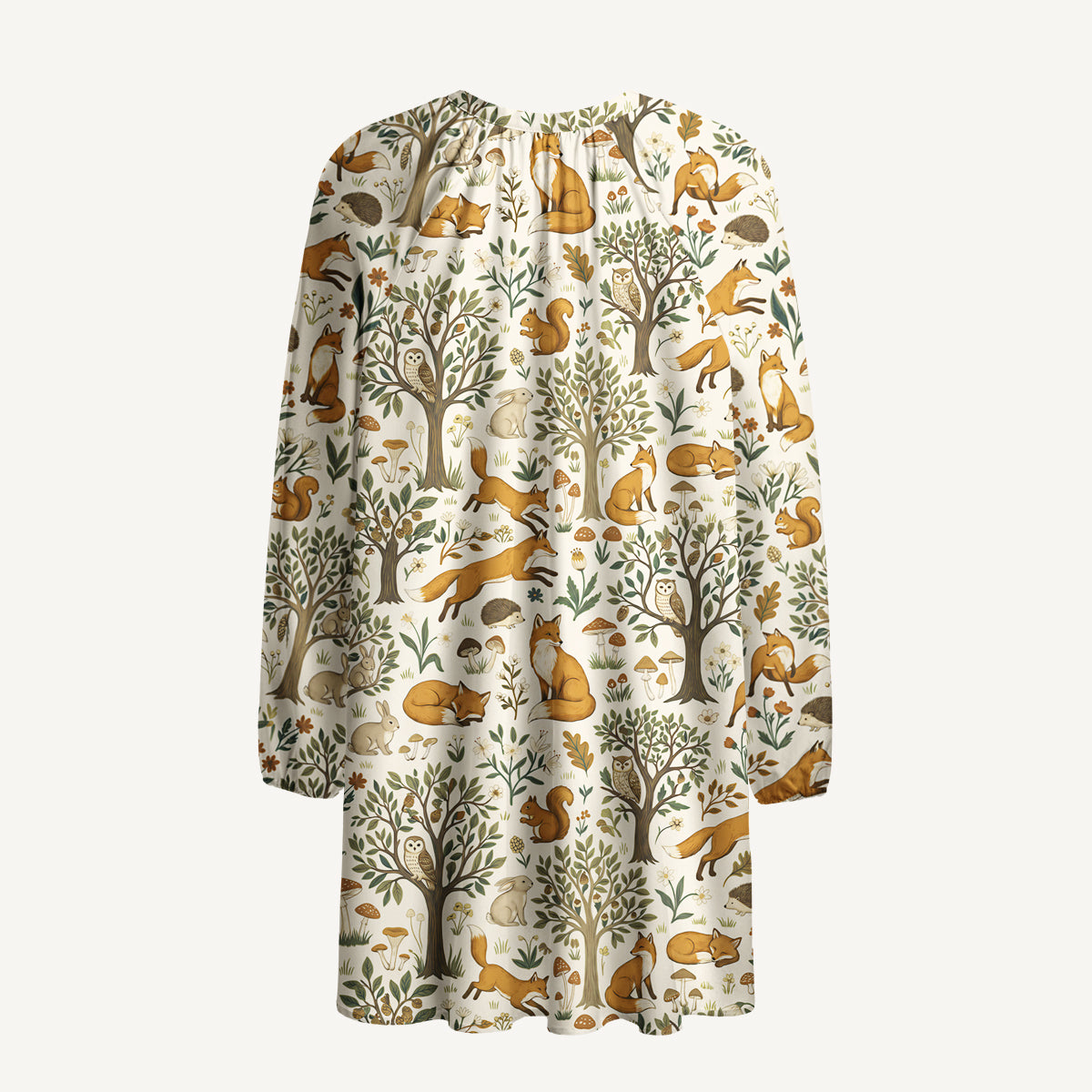 Woodland Creatures Print Boho Long Sleeve Tie‑Neck Smock Mini Dress