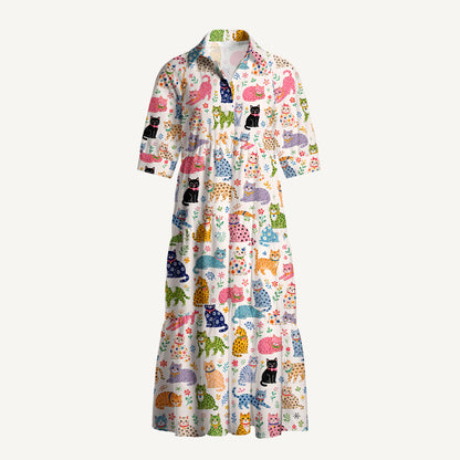 V Neck Collared Playful Cats Floral Print Casual Midi Dress With Pockets