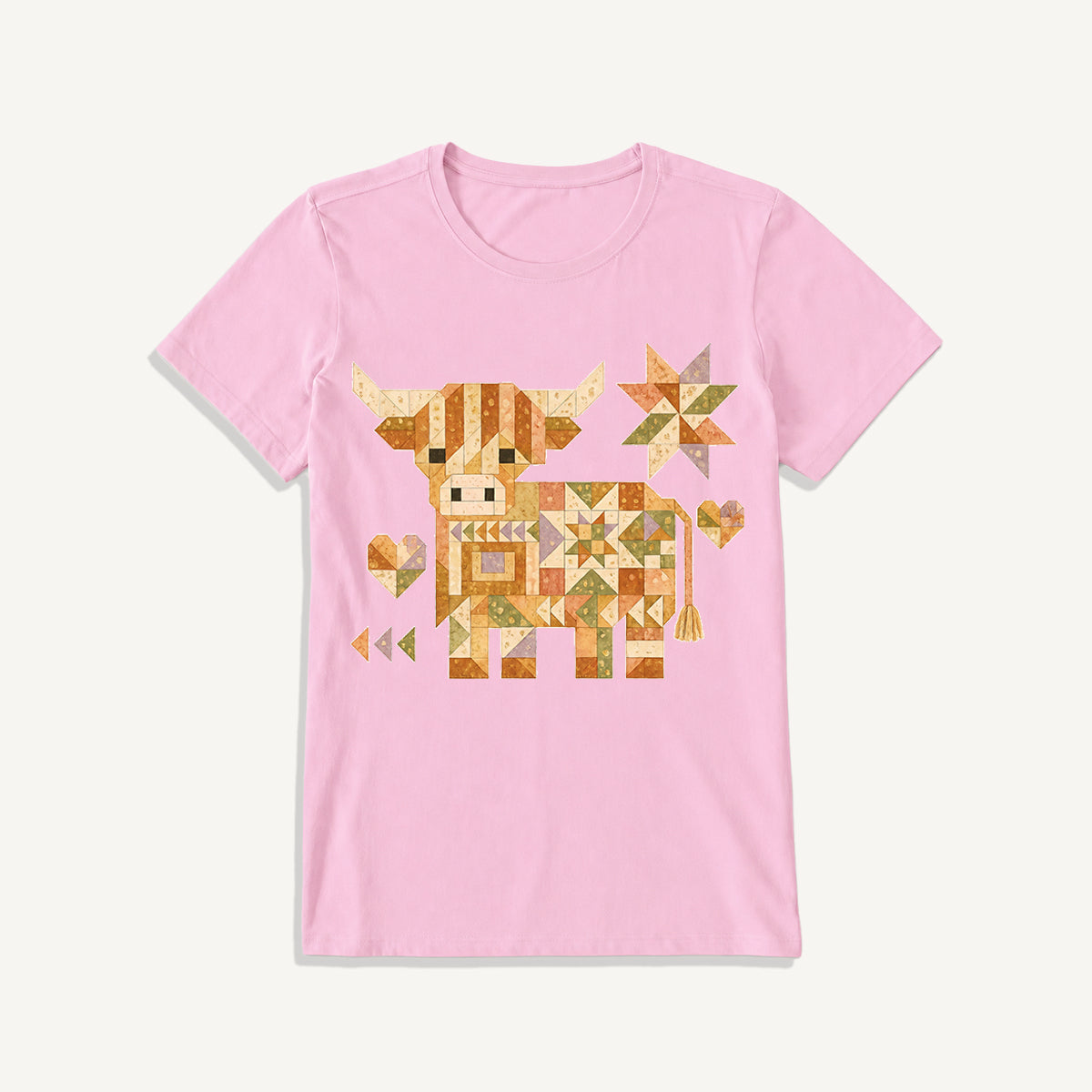 Highland Cow Quilt Art Print Crew Neck Cotton Tee