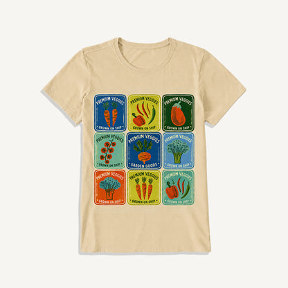 Vintage Veggie Market Print Crew Neck Cotton Tee