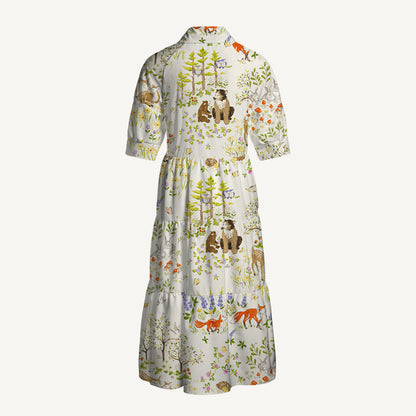 V Neck Collared Whimsical Forest Animals Print Casual Midi Dress With Pockets