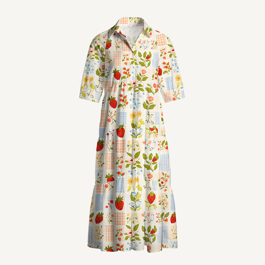 V Neck Collared Strawberry Garden Patchwork Casual Midi Dress With Pockets