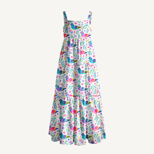 Colorful Folk Birds Pattern Print Wide Straps Maxi Dress With Pockets