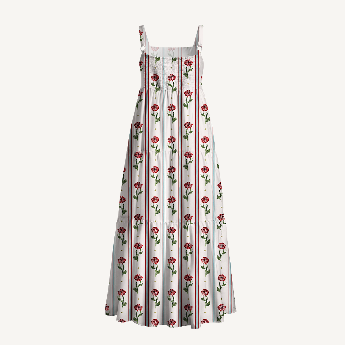 Square Neck Crimson Dianthus Print Wide Straps Maxi Dress With Pockets
