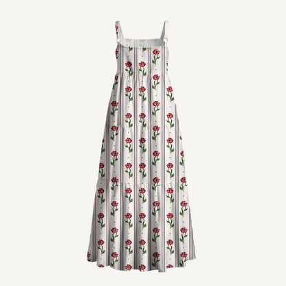 Square Neck Crimson Dianthus Print Wide Straps Maxi Dress With Pockets