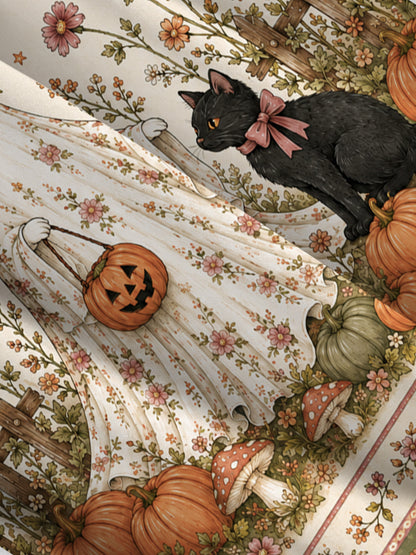 Garden Pumpkin Cat & Ghost Print Wide Straps Maxi Dress With Pockets