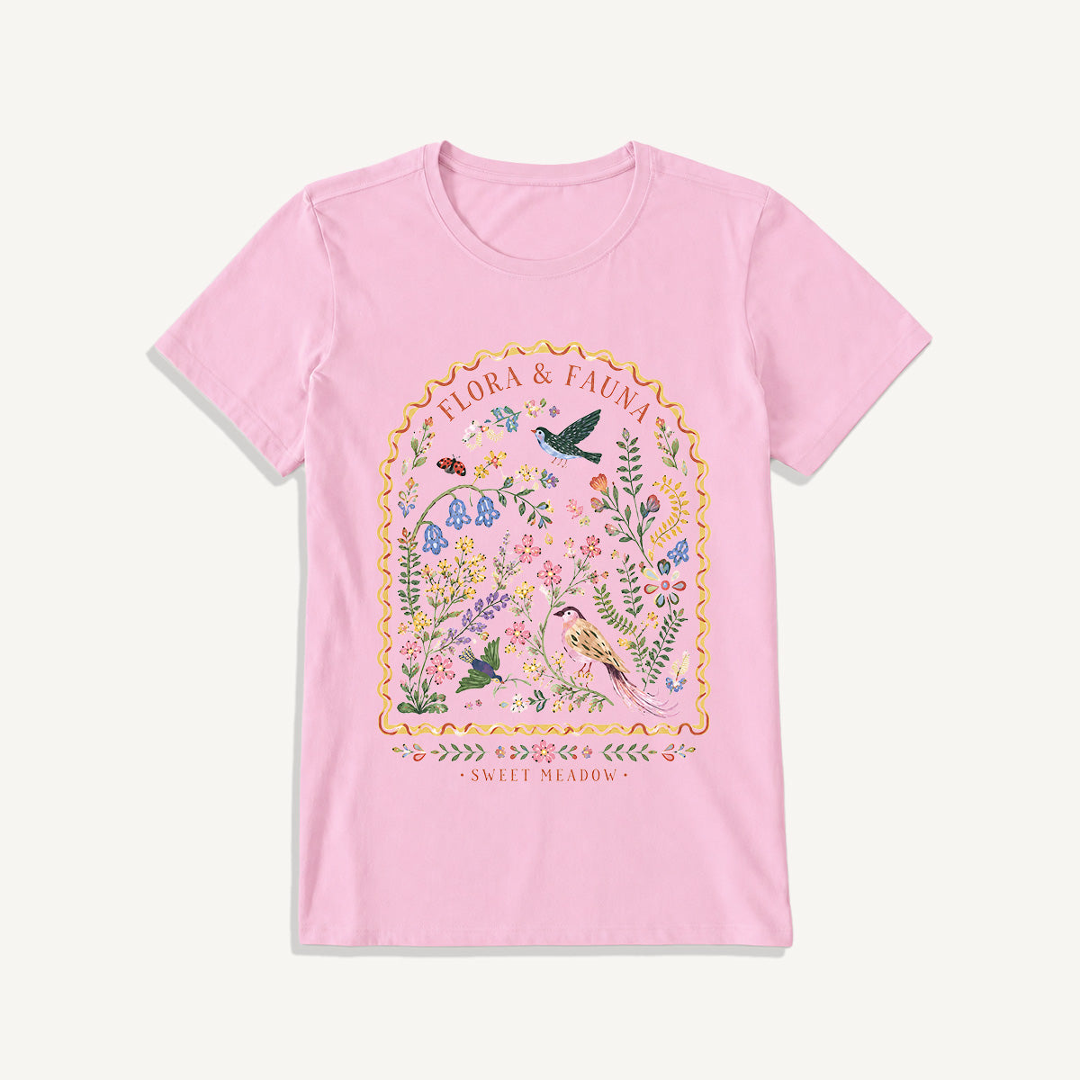 Folk Birds Sweet Meadow Print Crew Neck Cotton Tee
