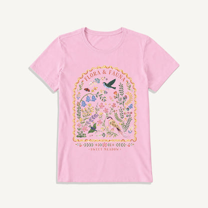 Folk Birds Sweet Meadow Print Crew Neck Cotton Tee