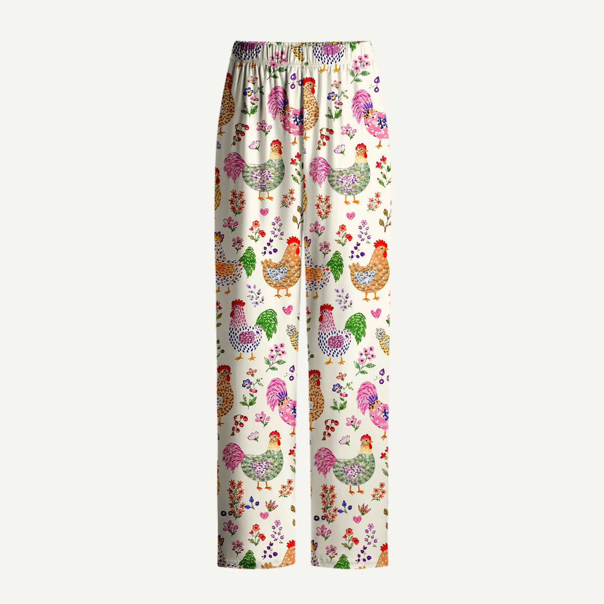 Colorful Farm Chickens Print Long Pajama Set
