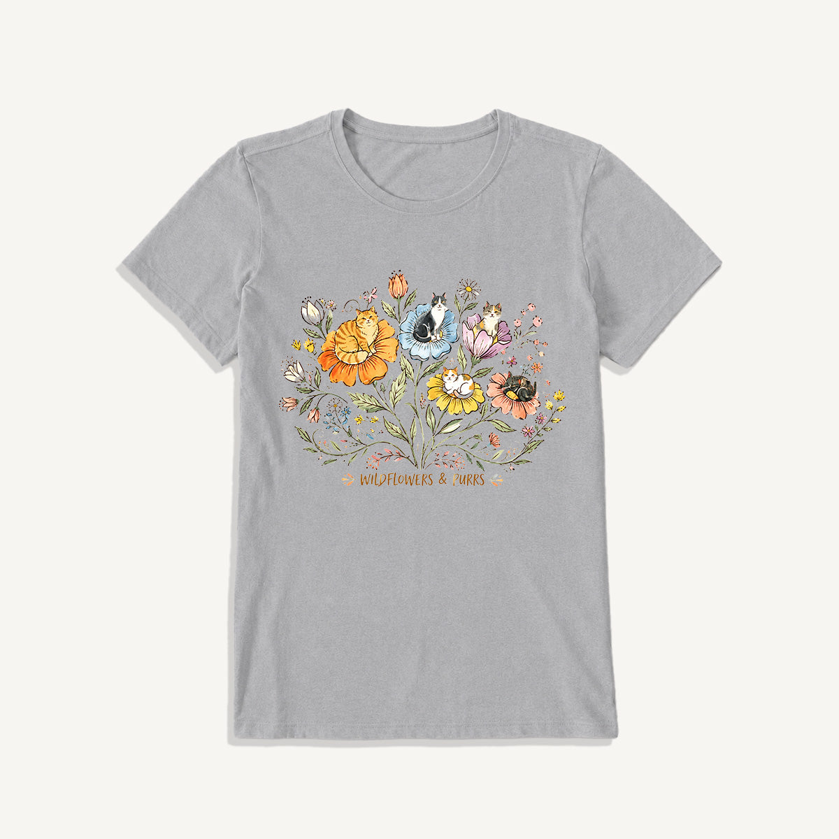 Wildflowers And Purrs Bloom Print Crew Neck Cotton Tee