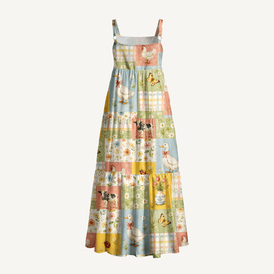 Vintage Farm Patchwork Print Wide Straps Maxi Dress With Pockets