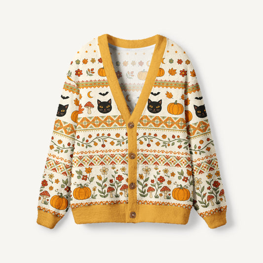 Autumn Fair Isle Pumpkin & Black Cat Print Halloween Ugly Cardigan Sweaters