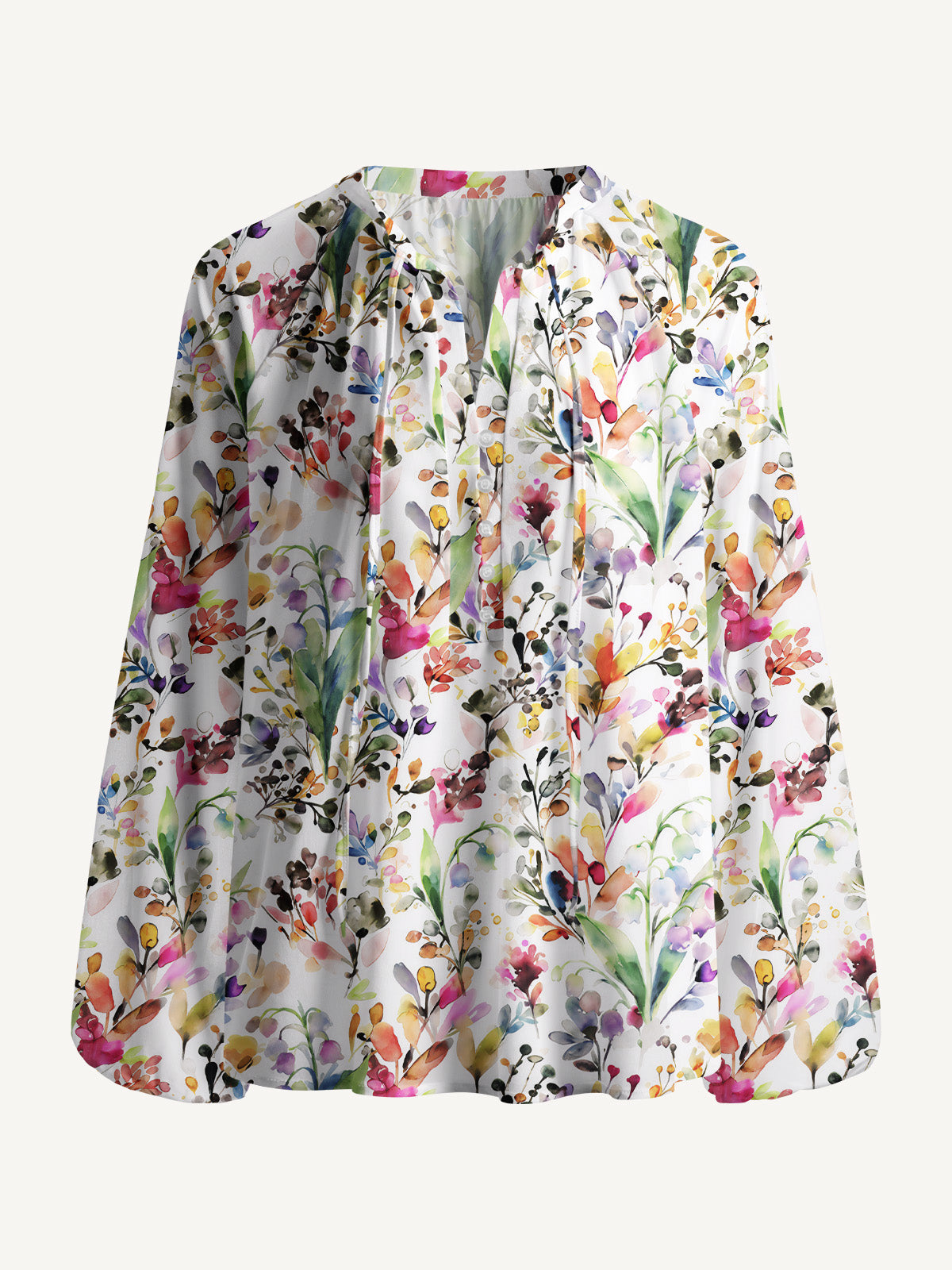 Watercolor Wildflower Print Boho Long Sleeve Tie‑Neck Blouse