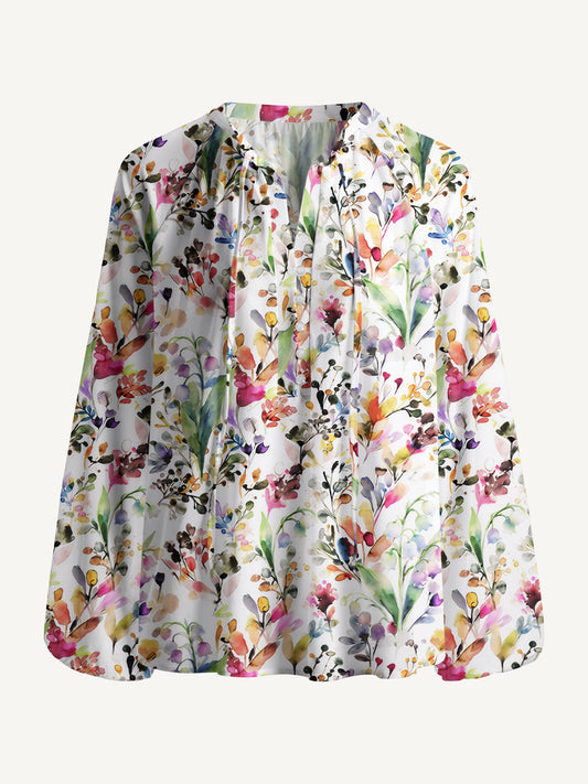 Watercolor Wildflower Print Boho Long Sleeve Tie‑Neck Blouse