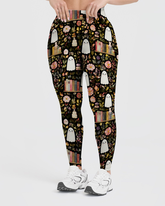 Vintage Black Background Fall Wildflower Simple Ghost Leggings