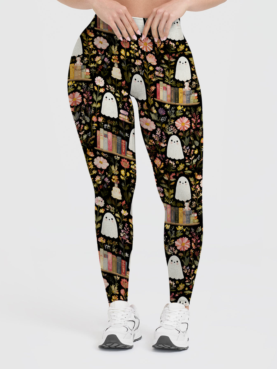 Vintage Black Background Fall Wildflower Simple Ghost Leggings