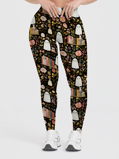 Vintage Black Background Fall Wildflower Simple Ghost Leggings