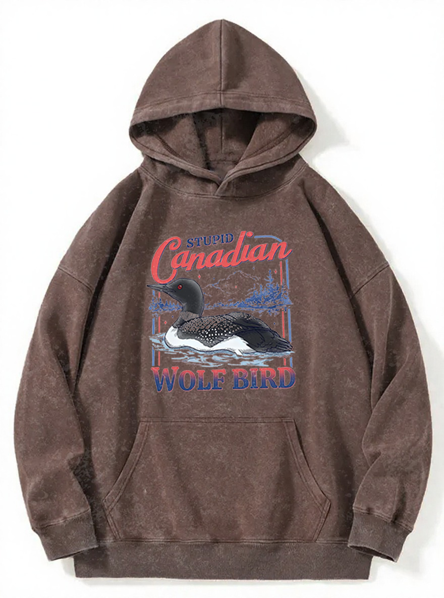 Vintage Stupid Canadian Wolf Bird Washed Hoodie