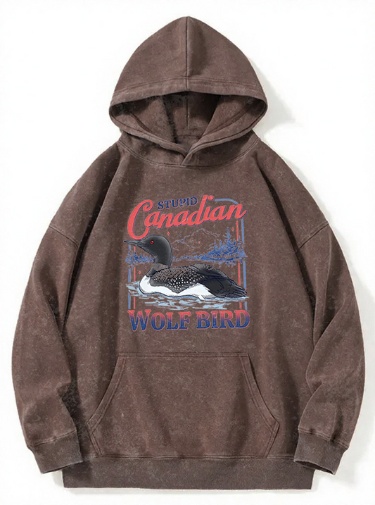 Vintage Stupid Canadian Wolf Bird Washed Hoodie