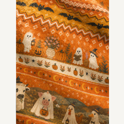 Ghostly Farm Friends Print Halloween Ugly Cardigan Sweaters