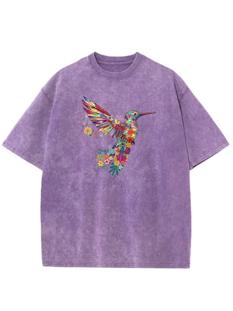 Vintage Floral Hummingbird Washed T-Shirt