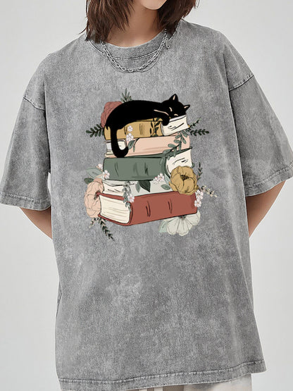Vintage Cat Book Washed T-Shirt