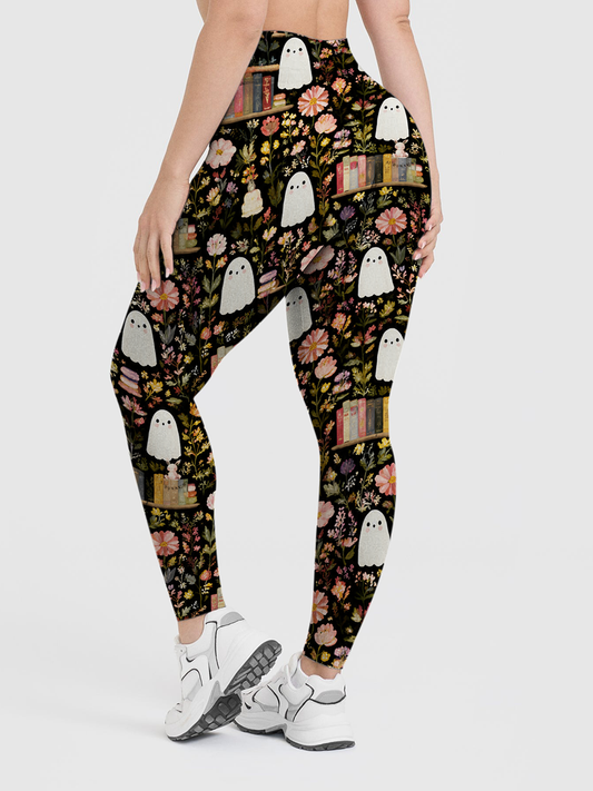 Vintage Black Background Fall Wildflower Simple Ghost Leggings