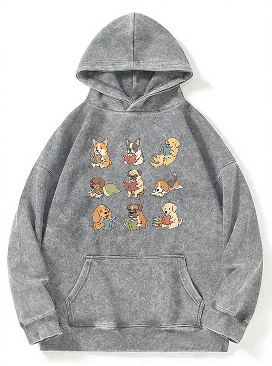 Vintage Funny Dog Reading Washed Hoodie