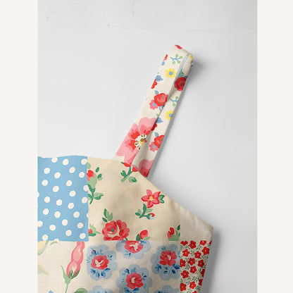 Square Neck Pastel Patc Print Cotton Wide Straps Maxi Dress With Pockets