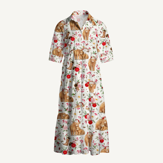 V Neck Collared Strawberry Meadow Highland Cow Print Casual Midi Dress With Pockets