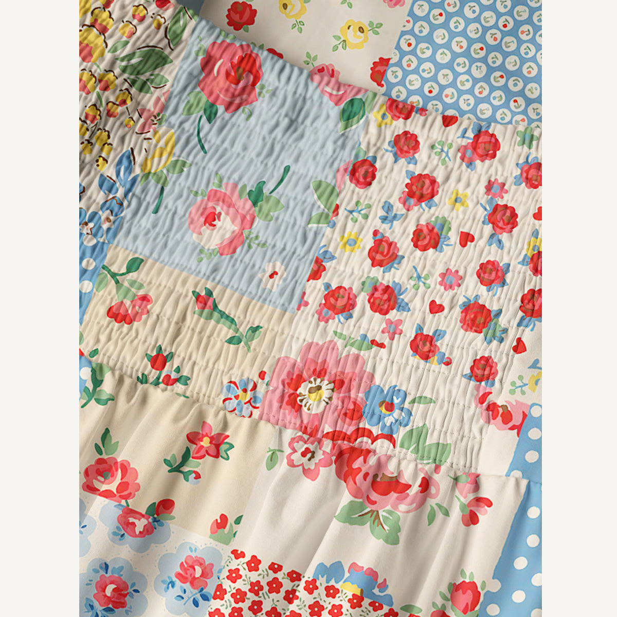 Square Neck Pastel Patc Print Cotton Wide Straps Maxi Dress With Pockets
