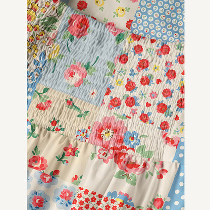 Square Neck Pastel Patc Print Cotton Wide Straps Maxi Dress With Pockets