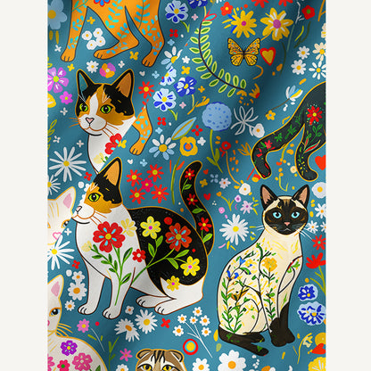 Colorful Garden Cat Pattern Print Cotton Wide Straps Maxi Dress With Pockets