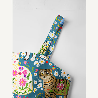 Colorful Garden Cat Pattern Print Cotton Wide Straps Maxi Dress With Pockets