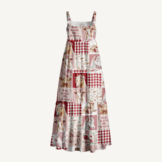 Vintage Western Quilt Horse Cow Print Wide Straps Maxi Dress With Pockets