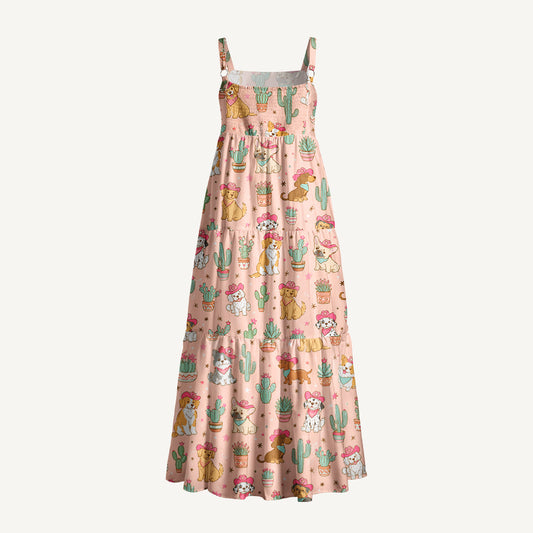 Cowgirl Dogs Pattern Print Wide Straps Maxi Dress With Pockets