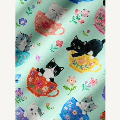Cute Teacup Kitten Print Boho Tie‑Neck Smock Mini Dress