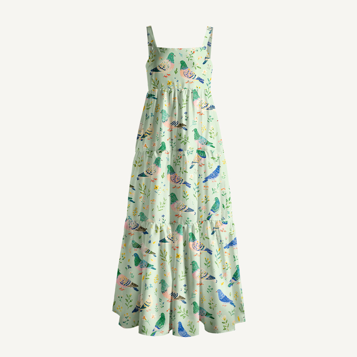 Botanical Wildflowers & Cottage Garden Birds Print Wide Straps Maxi Dress With Pockets